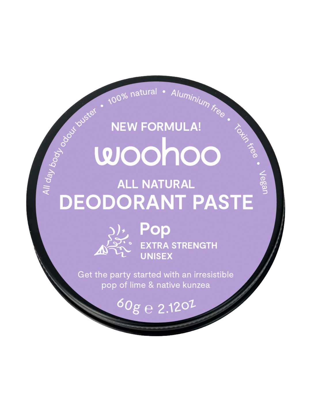 Container of woohoo all natural deodorant paste with purple & white Pop Extra Strength branding on a white background