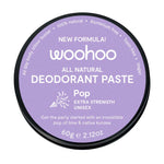 Container of woohoo all natural deodorant paste with purple & white Pop Extra Strength branding on a white background