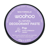 Container of woohoo all natural deodorant paste with purple & white Pop Extra Strength branding on a white background