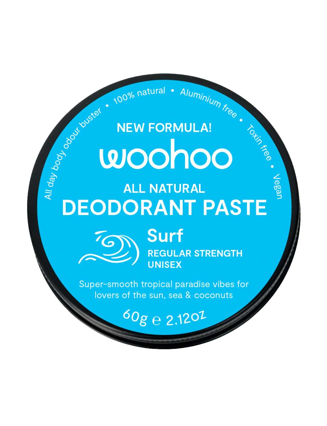 Woohoo all natural deodorant paste container with blue label and Surf regular strength branding  on a white background