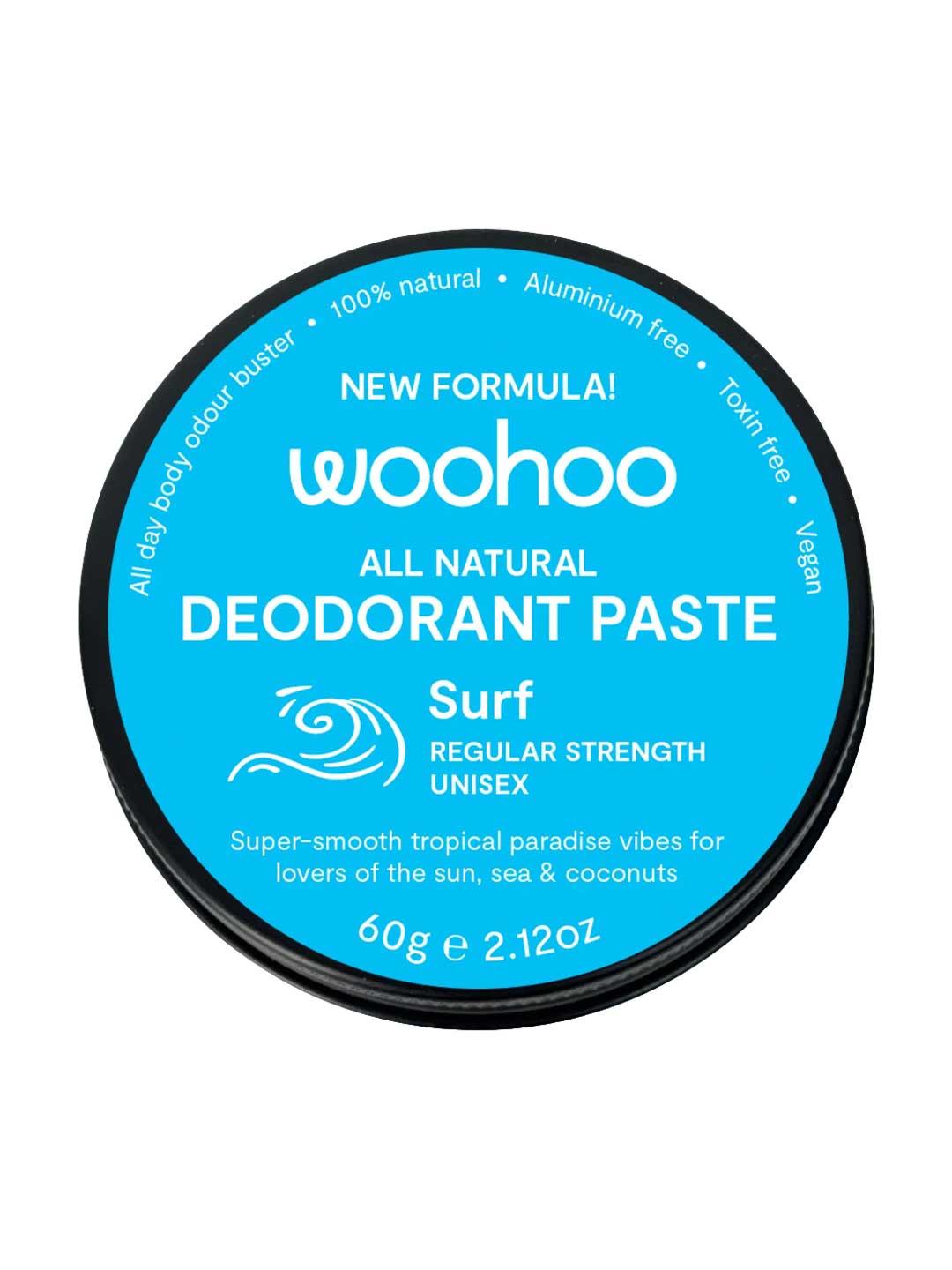 Woohoo all natural deodorant paste container with blue label and Surf regular strength branding  on a white background