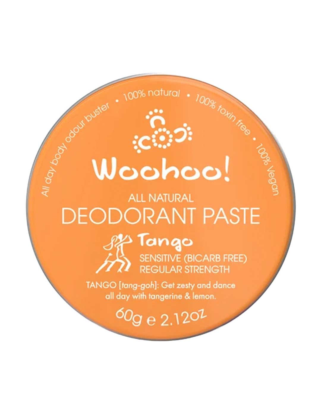 Orange container of Woohoo! All Natural Deodorant Paste Tango on a white background