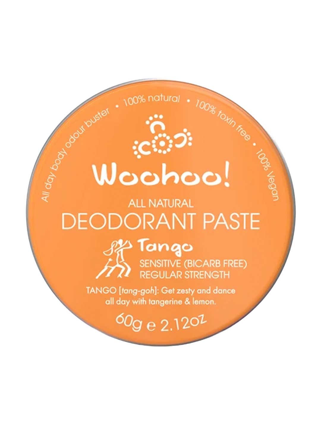 Orange container of Woohoo! All Natural Deodorant Paste Tango on a white background