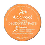 Orange container of Woohoo! All Natural Deodorant Paste Tango on a white background