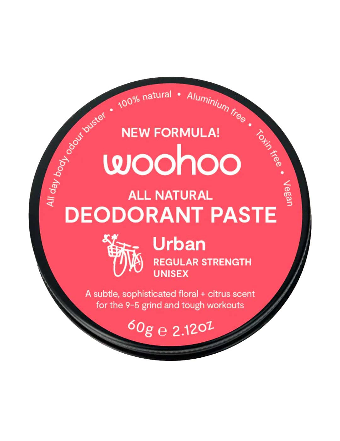 Woohoo all natural deodorant paste container with red & white Urban Regular Strength branding on a white background