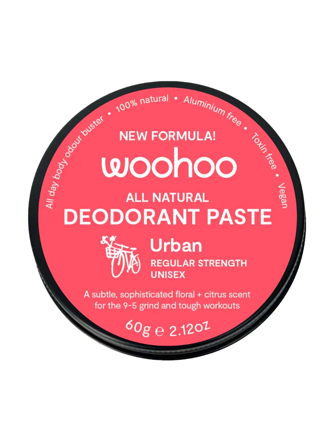 Woohoo all natural deodorant paste container with red & white Urban Regular Strength branding on a white background