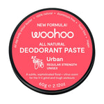 Woohoo all natural deodorant paste container with red & white Urban Regular Strength branding on a white background