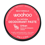 Woohoo all natural deodorant paste container with red & white Urban Regular Strength branding on a white background
