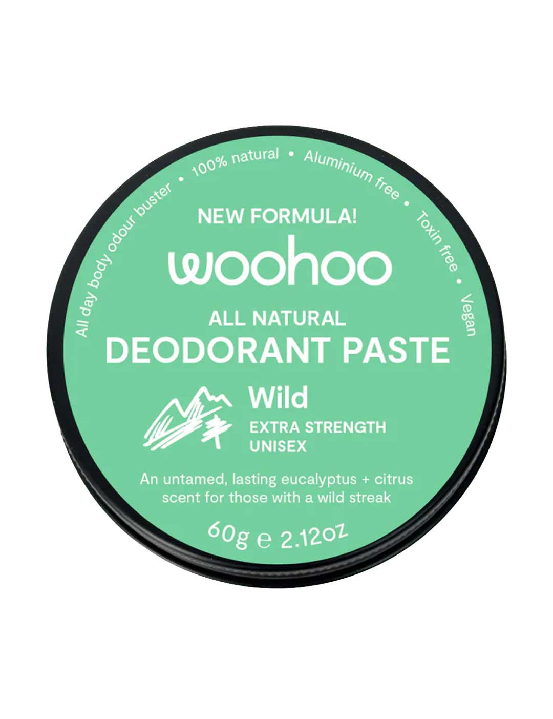 Green container of woohoo all natural deodorant paste with Wild Extra Strength branding on a white background