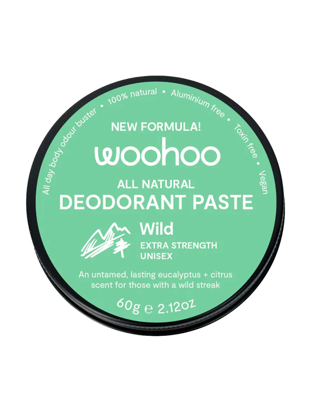 Green container of woohoo all natural deodorant paste with Wild Extra Strength branding on a white background