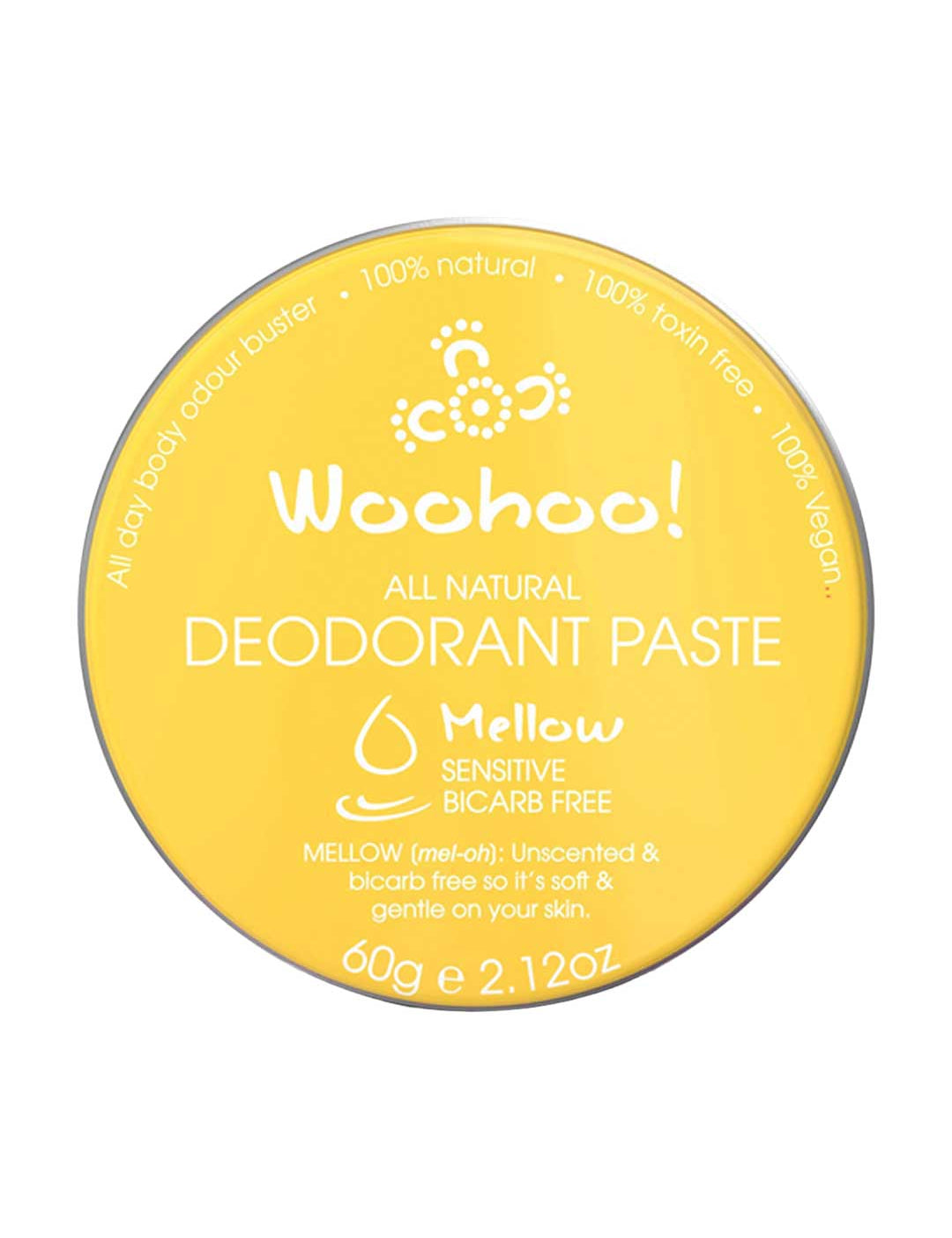 Yellow container of Woohoo! all natural deodorant paste on a white background