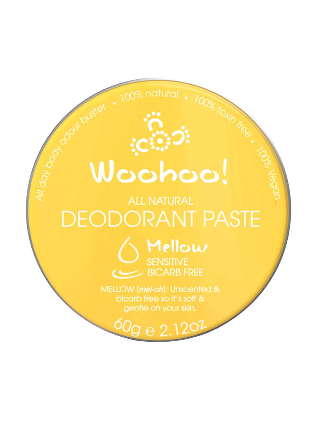 Yellow container of Woohoo! all natural deodorant paste on a white background