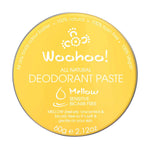 Yellow container of Woohoo! all natural deodorant paste on a white background