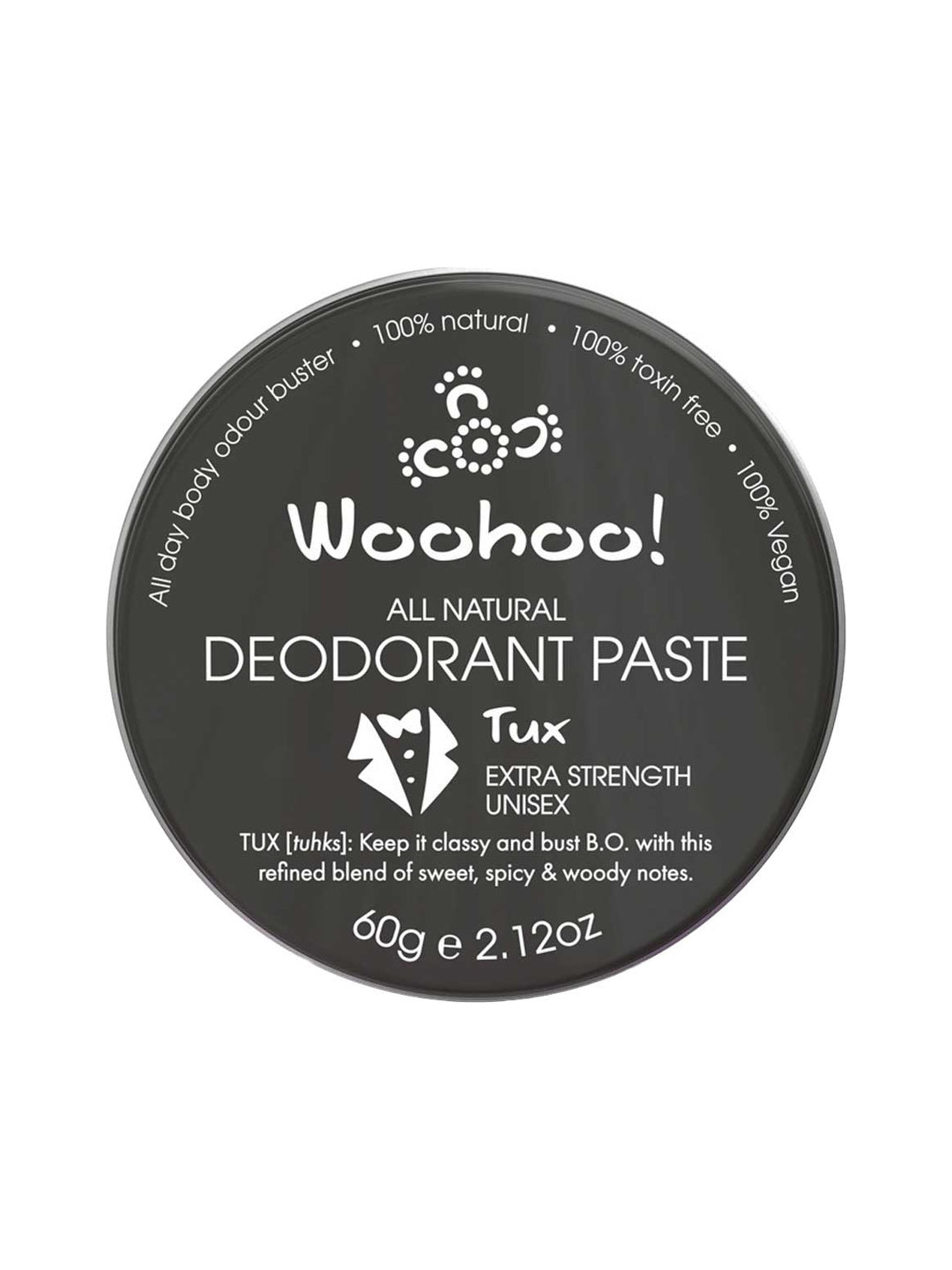 WooHoo Tux Extra Strength Deodorant Paste 60g closed black tin on a white background
