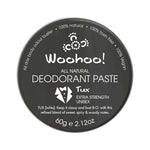 WooHoo Tux Extra Strength Deodorant Paste 60g closed black tin on a white background