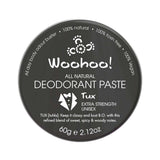 WooHoo Tux Extra Strength Deodorant Paste 60g closed black tin on a white background