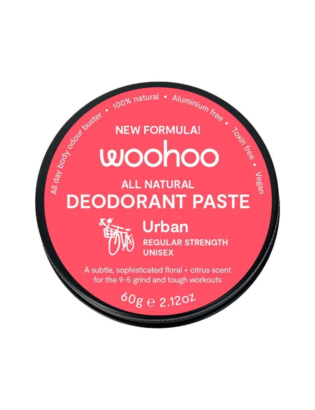 WooHoo Urban Regular Strength Deodorant Paste 60g closed red tin on a white background