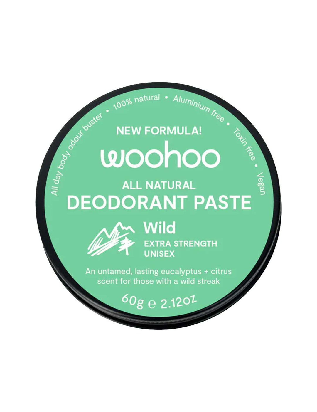 WooHoo Wild Extra Strength Deodorant Paste 60g closed green tin on a white background