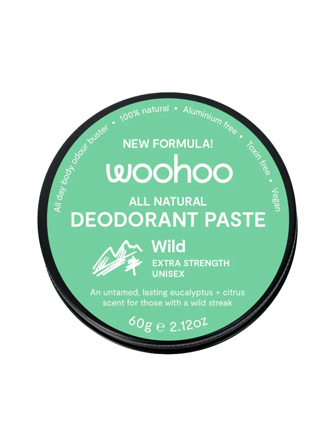 WooHoo Wild Extra Strength Deodorant Paste 60g closed green tin on a white background
