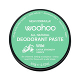 WooHoo Wild Extra Strength Deodorant Paste 60g closed green tin on a white background