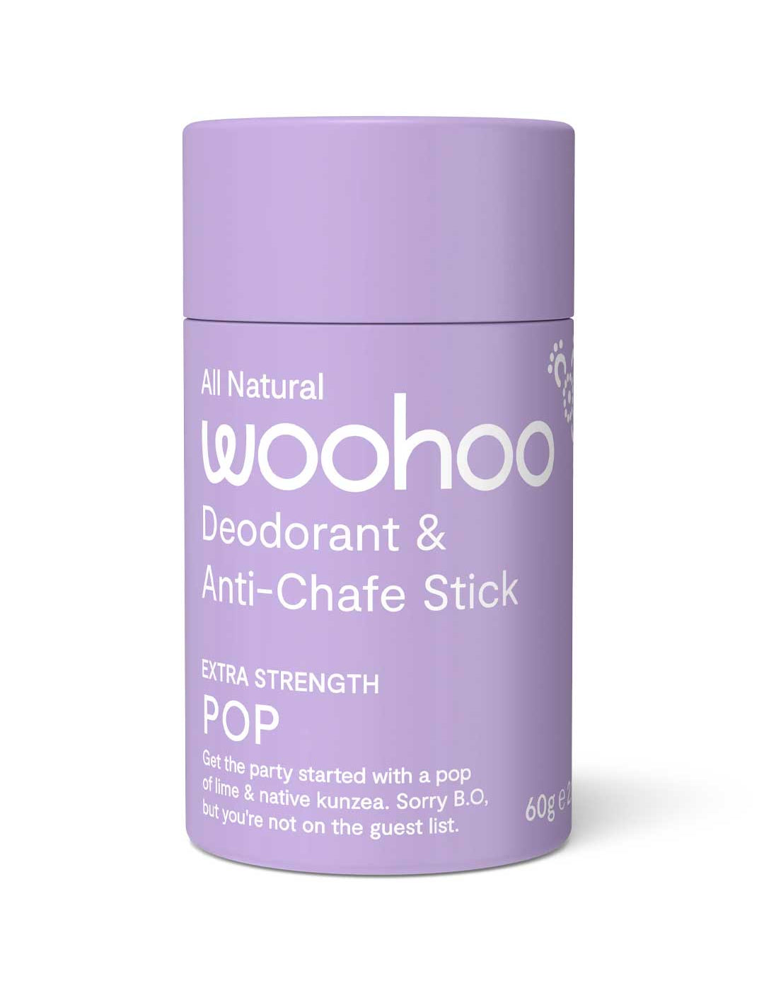 Purple deodorant stick with 'woohoo' branding on a white background
