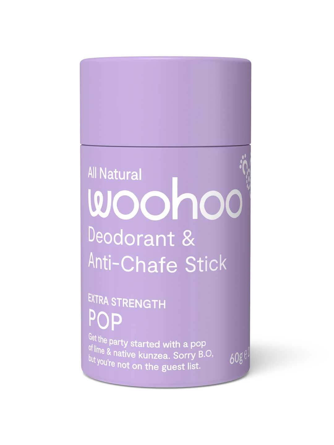Purple deodorant stick with 'woohoo' branding on a white background