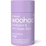 Purple deodorant stick with 'woohoo' branding on a white background