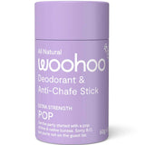 Purple deodorant stick with 'woohoo' branding on a white background