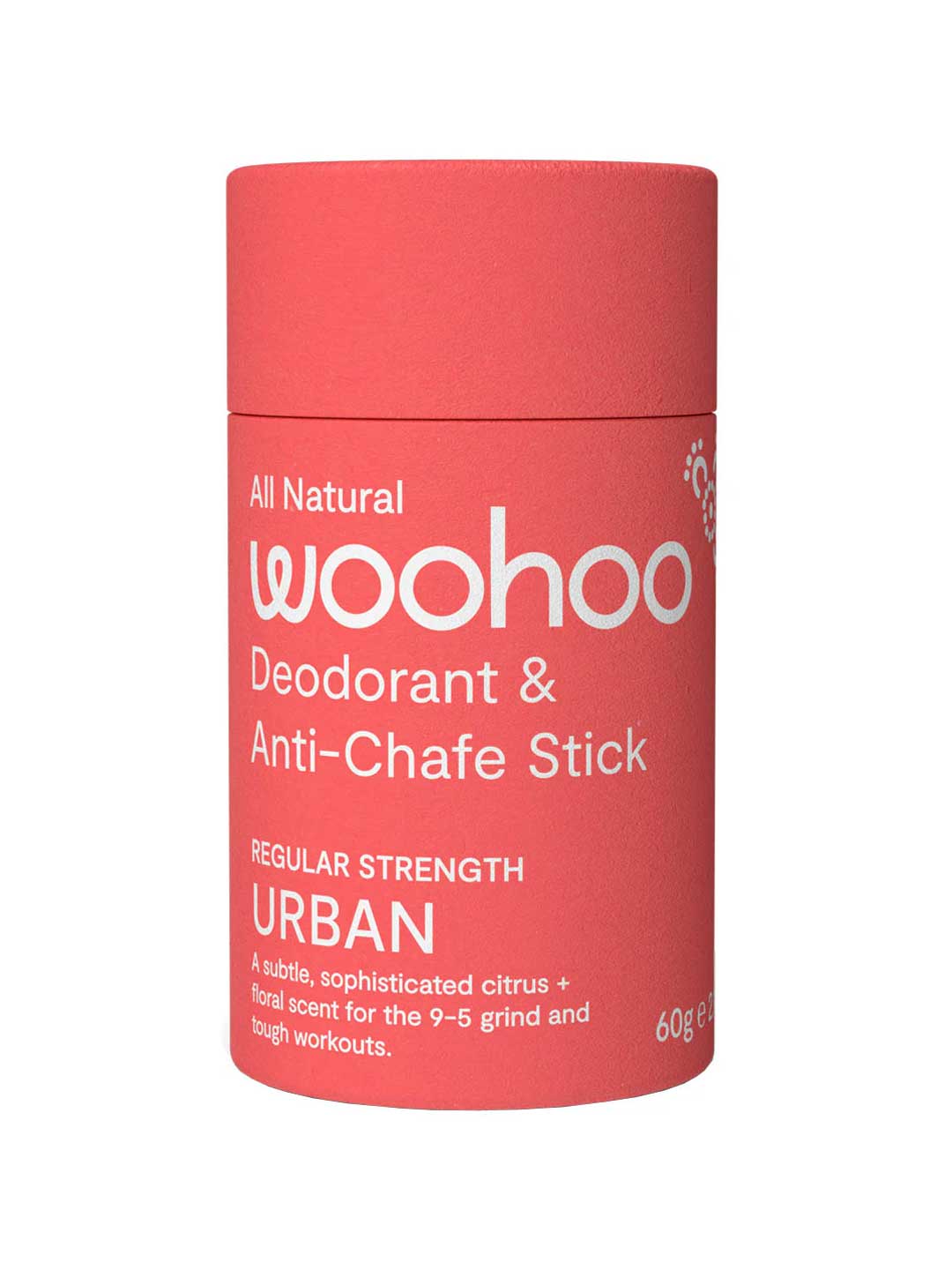 Red deodorant stick with 'woohoo' branding on a white background