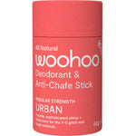 Red deodorant stick with 'woohoo' branding on a white background