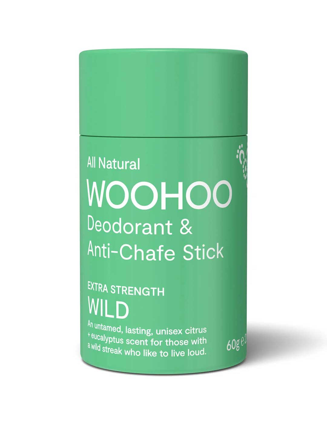Green deodorant stick with 'WOOHOO' branding on a white background