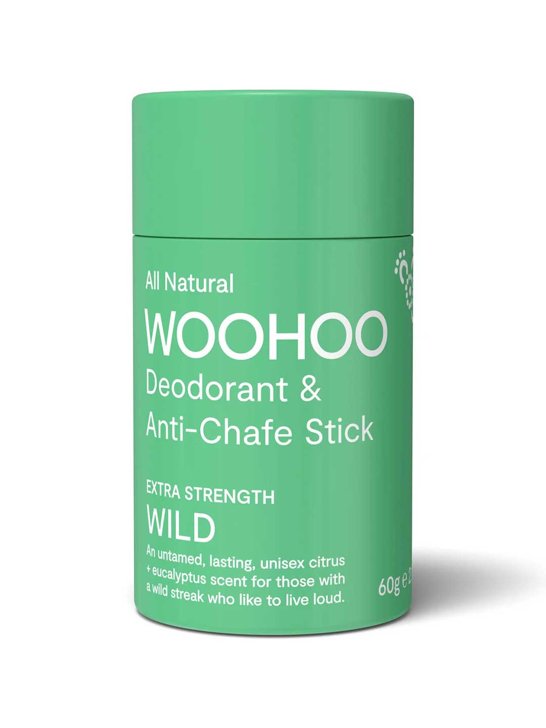 Green deodorant stick with 'WOOHOO' branding on a white background