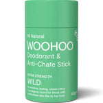 Green deodorant stick with 'WOOHOO' branding on a white background