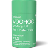 Green deodorant stick with 'WOOHOO' branding on a white background