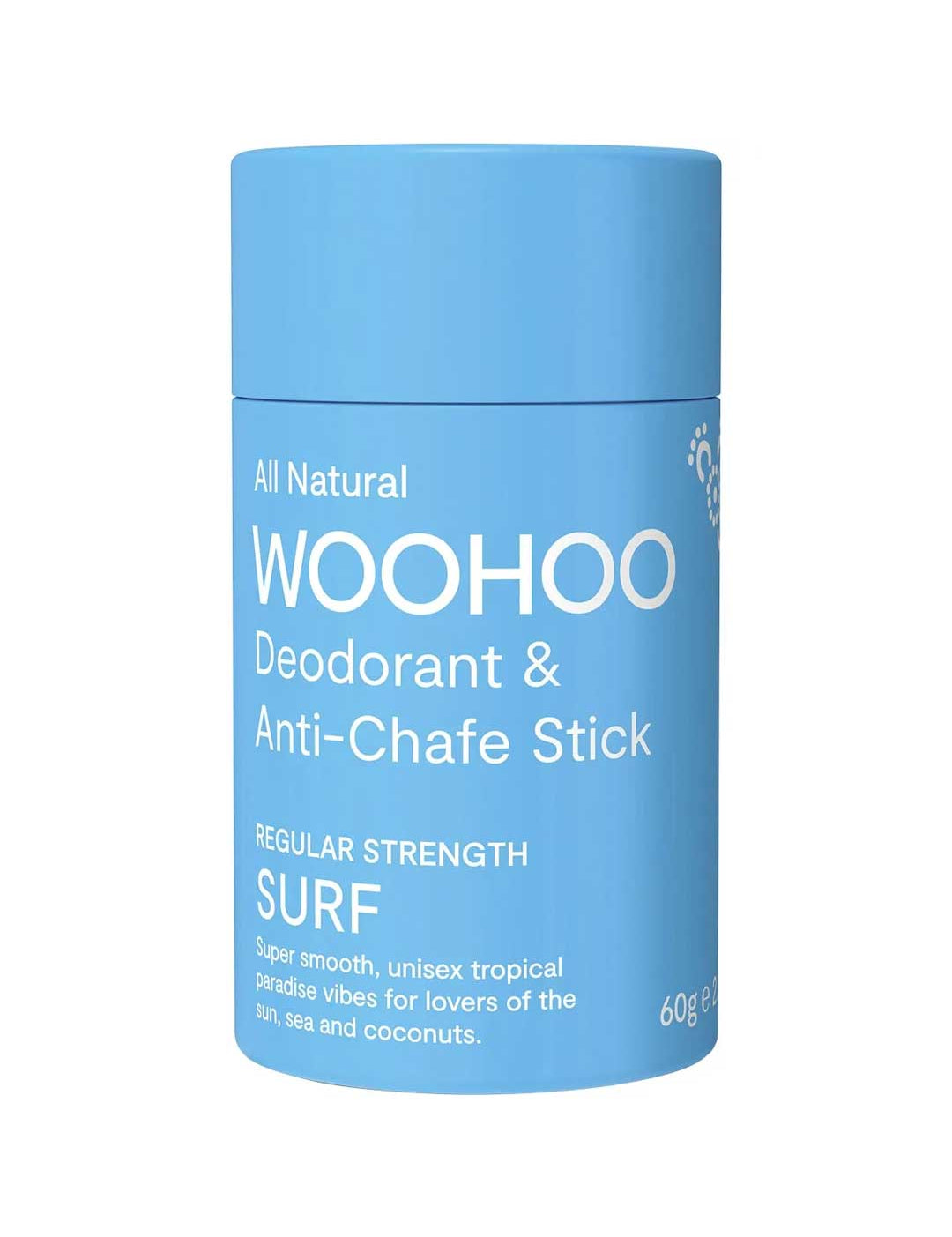 Blue deodorant stick with 'WOOHOO' branding on a white background