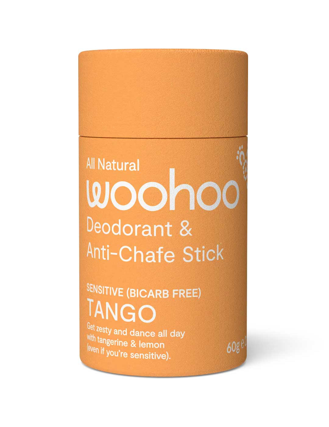 Orange deodorant stick with 'woohoo' branding on a white background