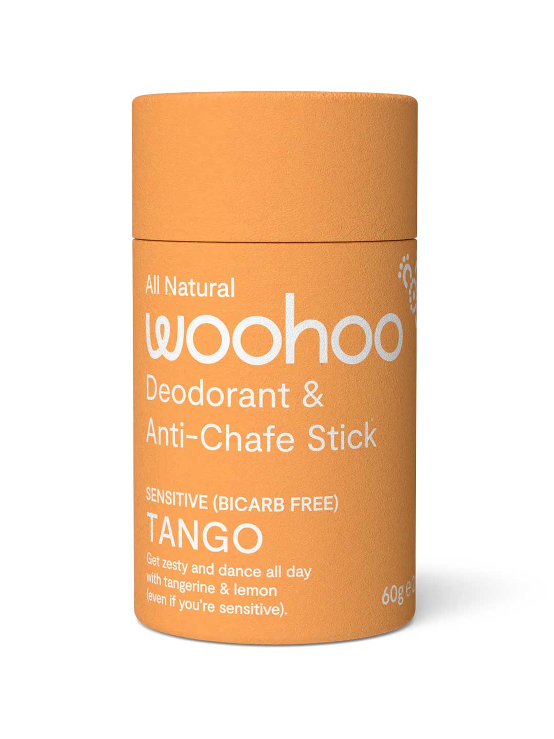 Orange deodorant stick with 'woohoo' branding on a white background