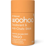 Orange deodorant stick with 'woohoo' branding on a white background