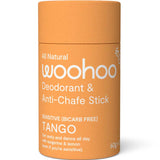 Orange deodorant stick with 'woohoo' branding on a white background