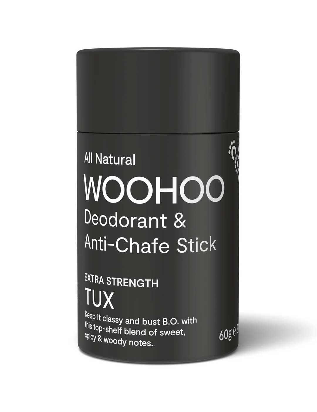 Black deodorant stick with white text on a white background