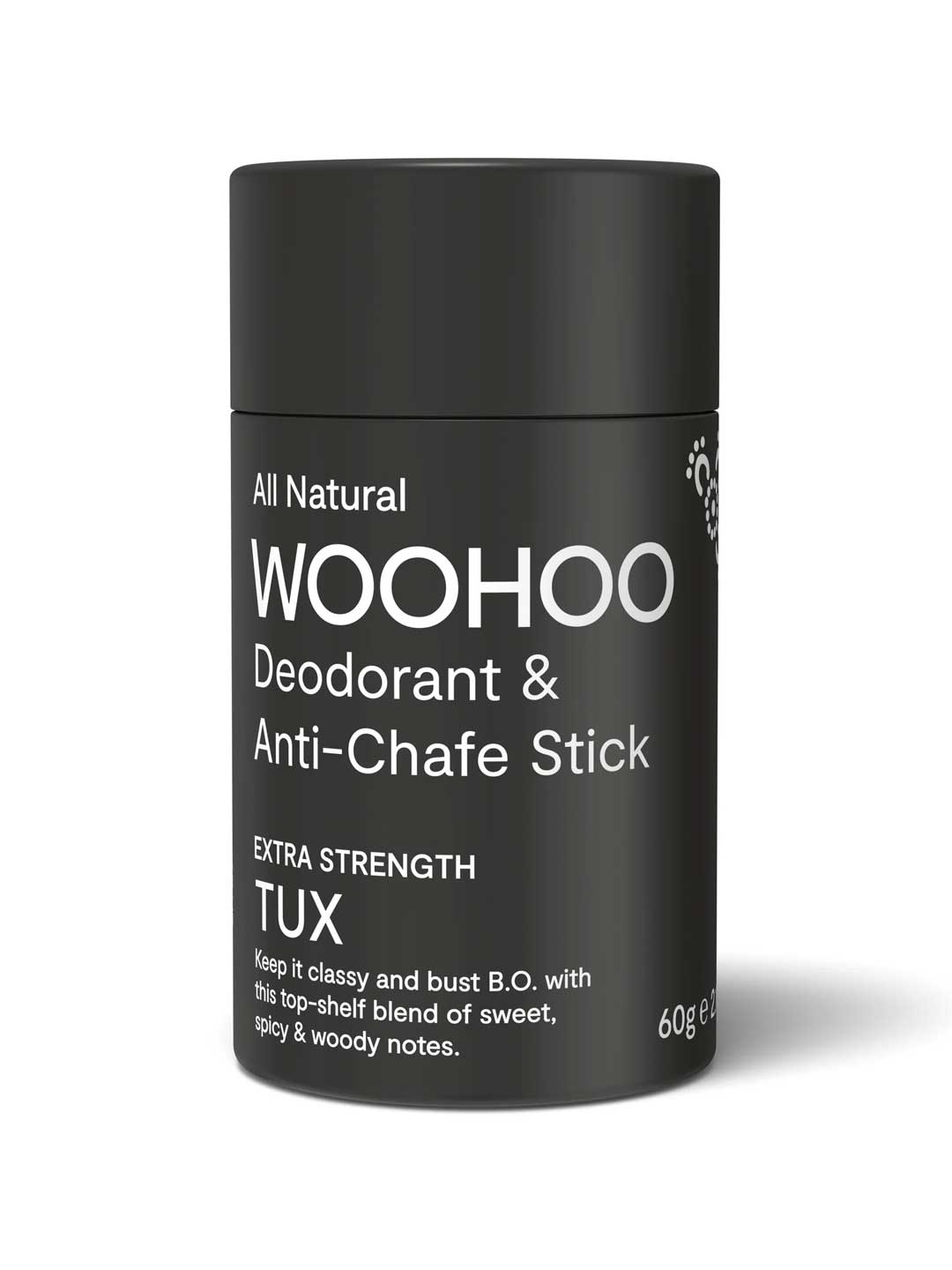 Black deodorant stick with white text on a white background