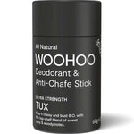 Black deodorant stick with white text on a white background