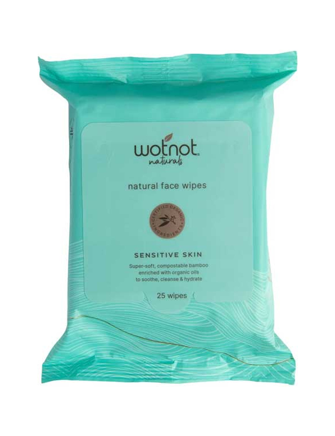 Wotnot Natural Face Wipes Sensitive 25 pack in teal packaging on a white background
