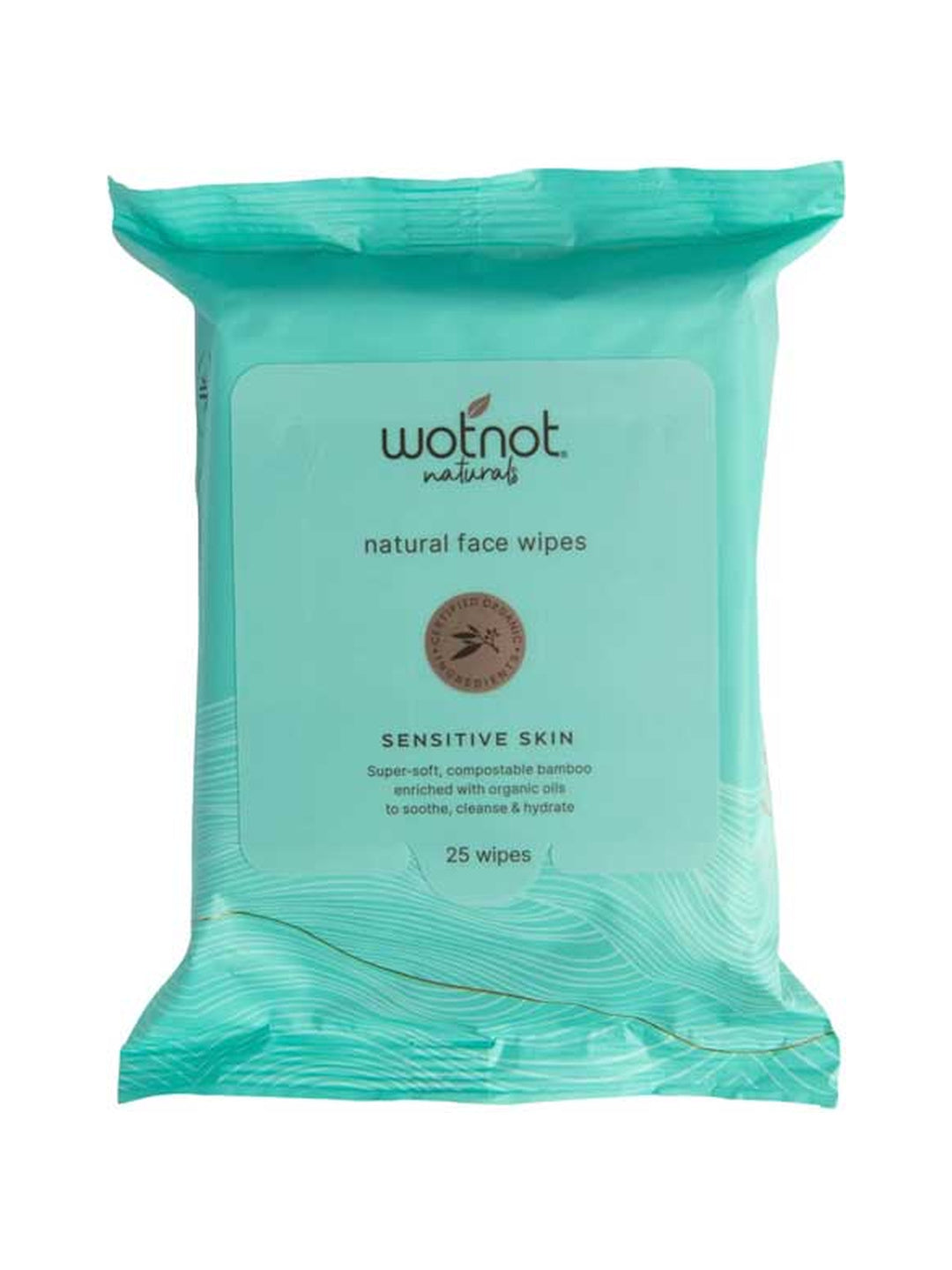 Wotnot Natural Face Wipes Sensitive 25 pack in teal packaging on a white background