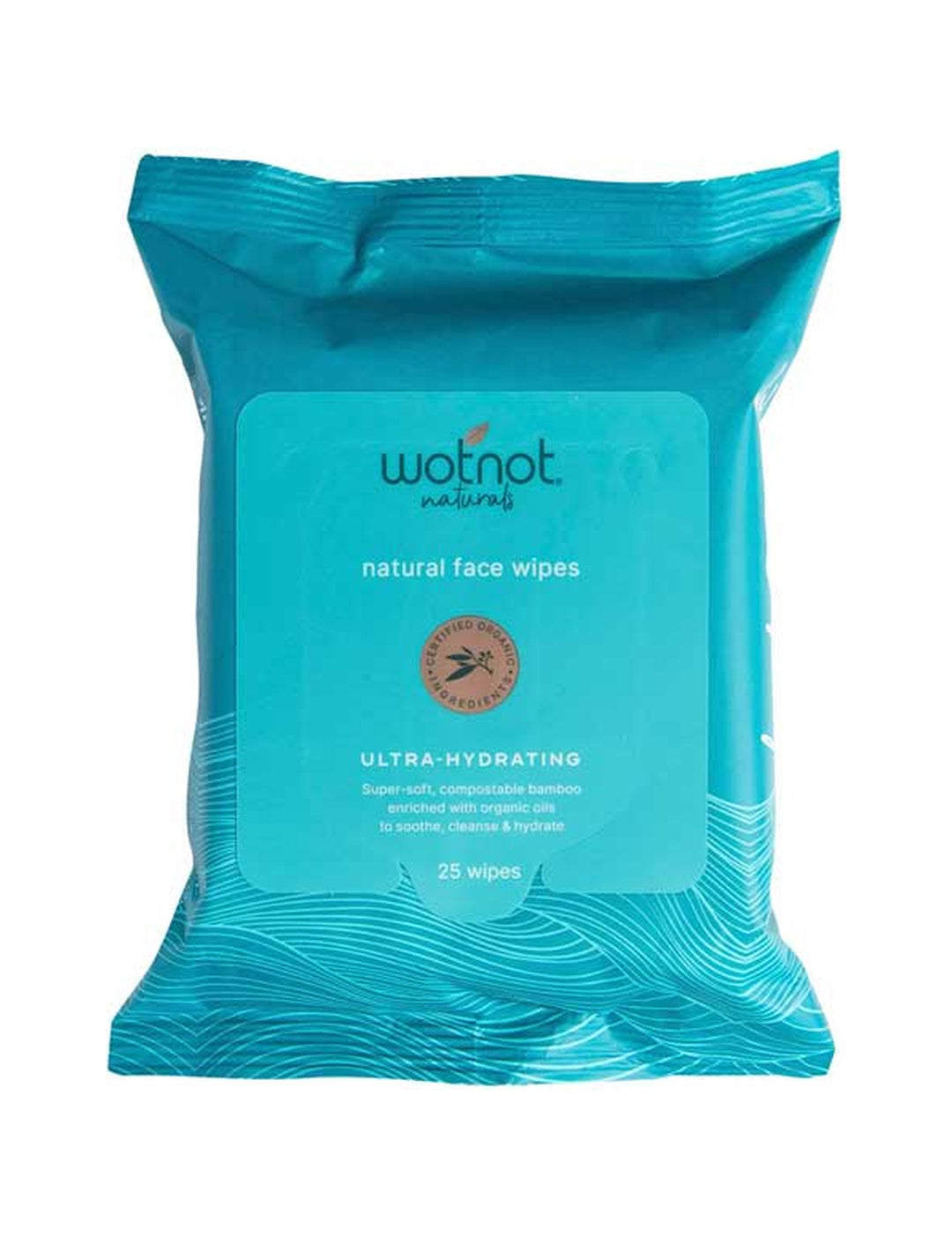 Wotnot Natural Face Wipes Ultra-Hydrating 25 pack in teal packaging on a white background