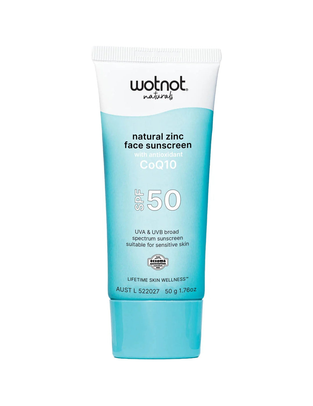Wotnot Natural Zinc Face Sunscreen SPF50 with antioxidant CoQ10 50g tube on a white background