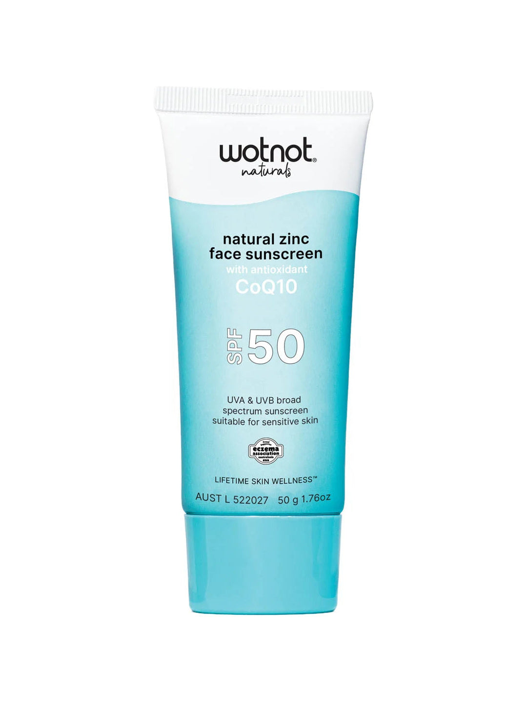 Wotnot Natural Zinc Face Sunscreen SPF50 with antioxidant CoQ10 50g tube on a white background
