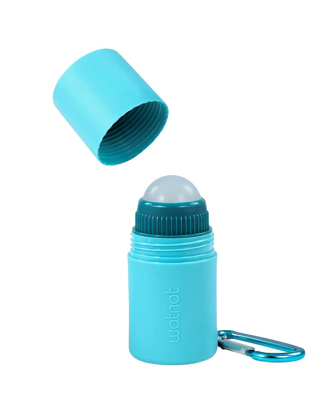 A turquoise blue deodorant stick with its cap removed and floating above, shown on a clean white background. The container has a matching blue carabiner attached to the side, and the brand name 'watom' is printed vertically on the front.