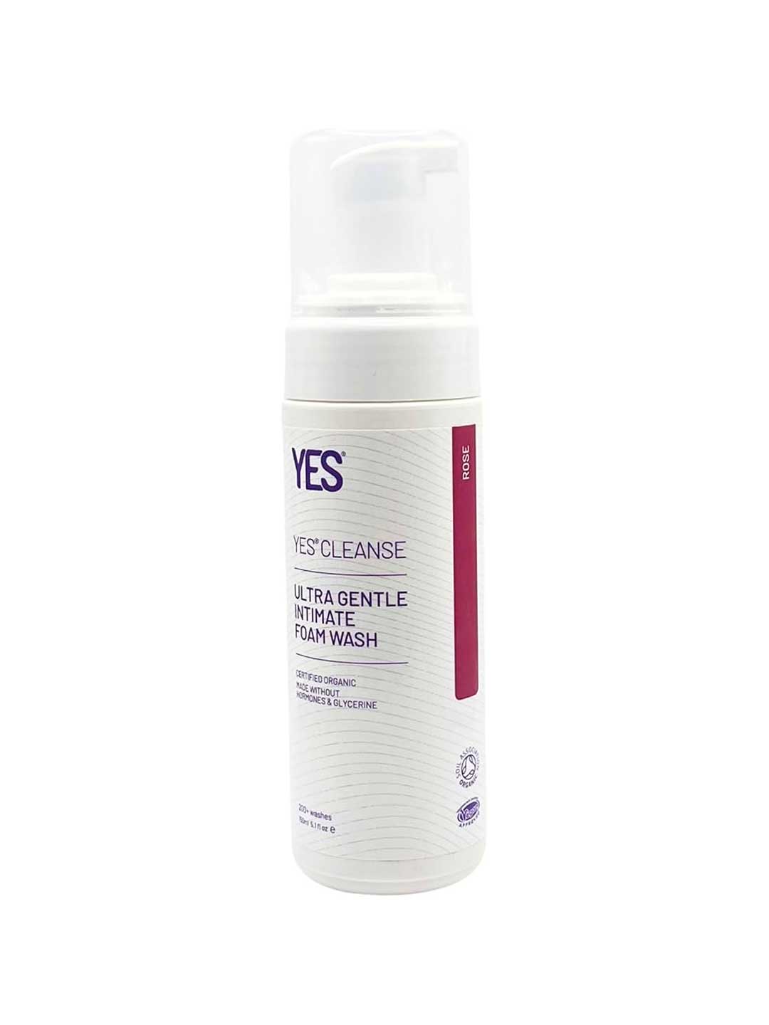 A white bottle of Yes Cleanse Ultra Gentle Intimate Foam Wash Rose 150ml with a pump and pink label—an organic feminine cleanser designed for sensitive skin.