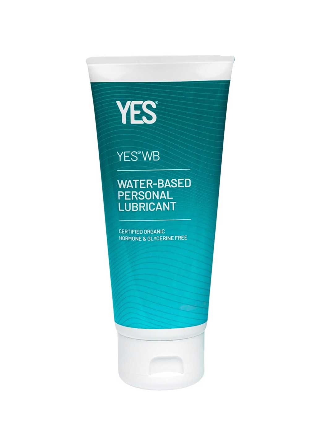 A tube of Yes WB Water-Based Personal Lubricant by Yes, with a teal label and white text stating it’s organic, hormone-free, and glycerine-free. The tube features a white flip-top cap.